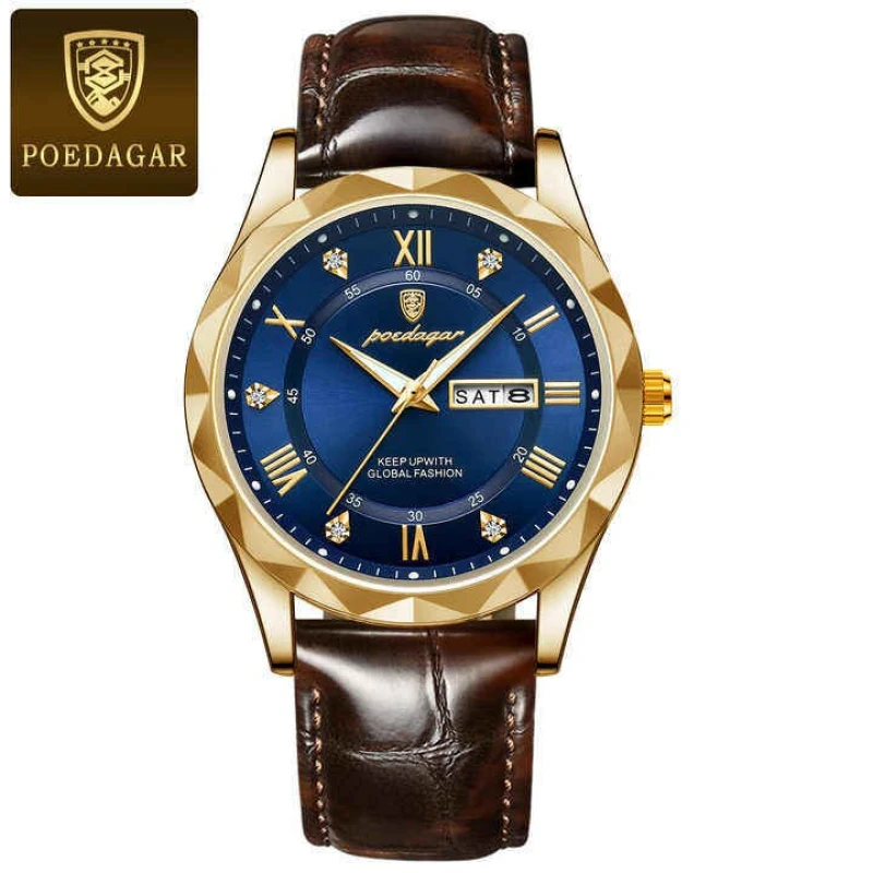 POEDAGAR 615-Leather Quartz Luxury Business Man Wristwatch Date Week Watch For Men